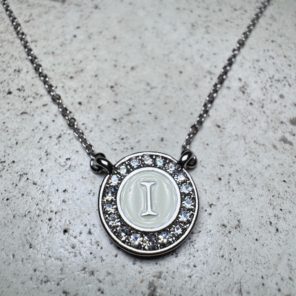 White Gold Bonded “I” Letter Necklace with Rhinestone Halo - Picture 2 of 4